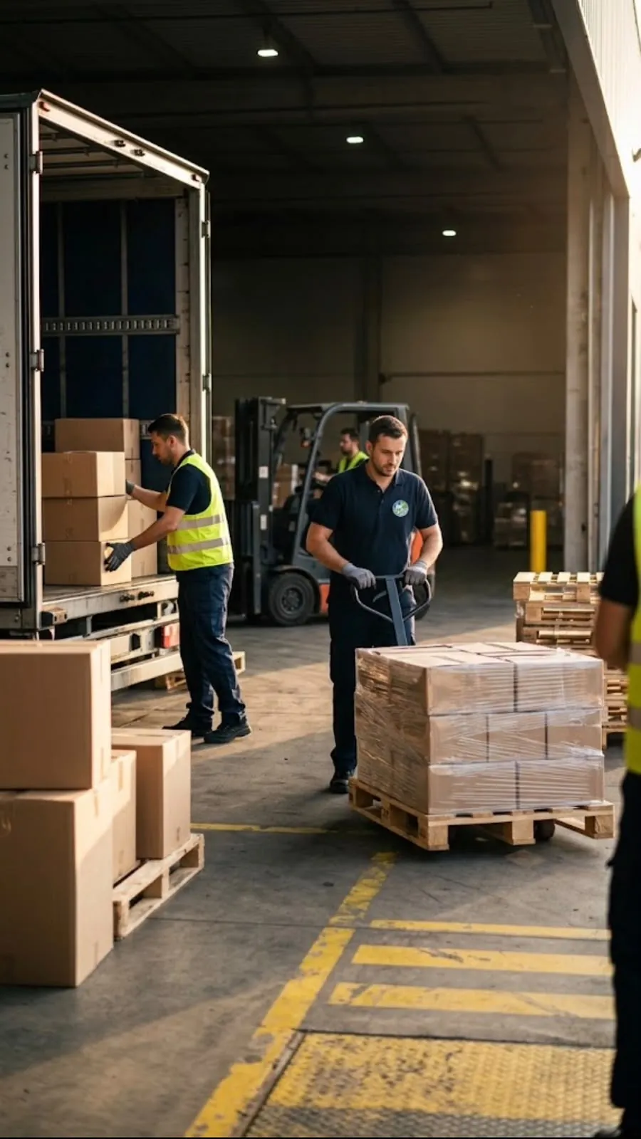Due operatori di Omnia Servizi al lavoro su una banchina di carico: uno scarica i colli da un camion, l'altro sposta un bancale con il transpallet.